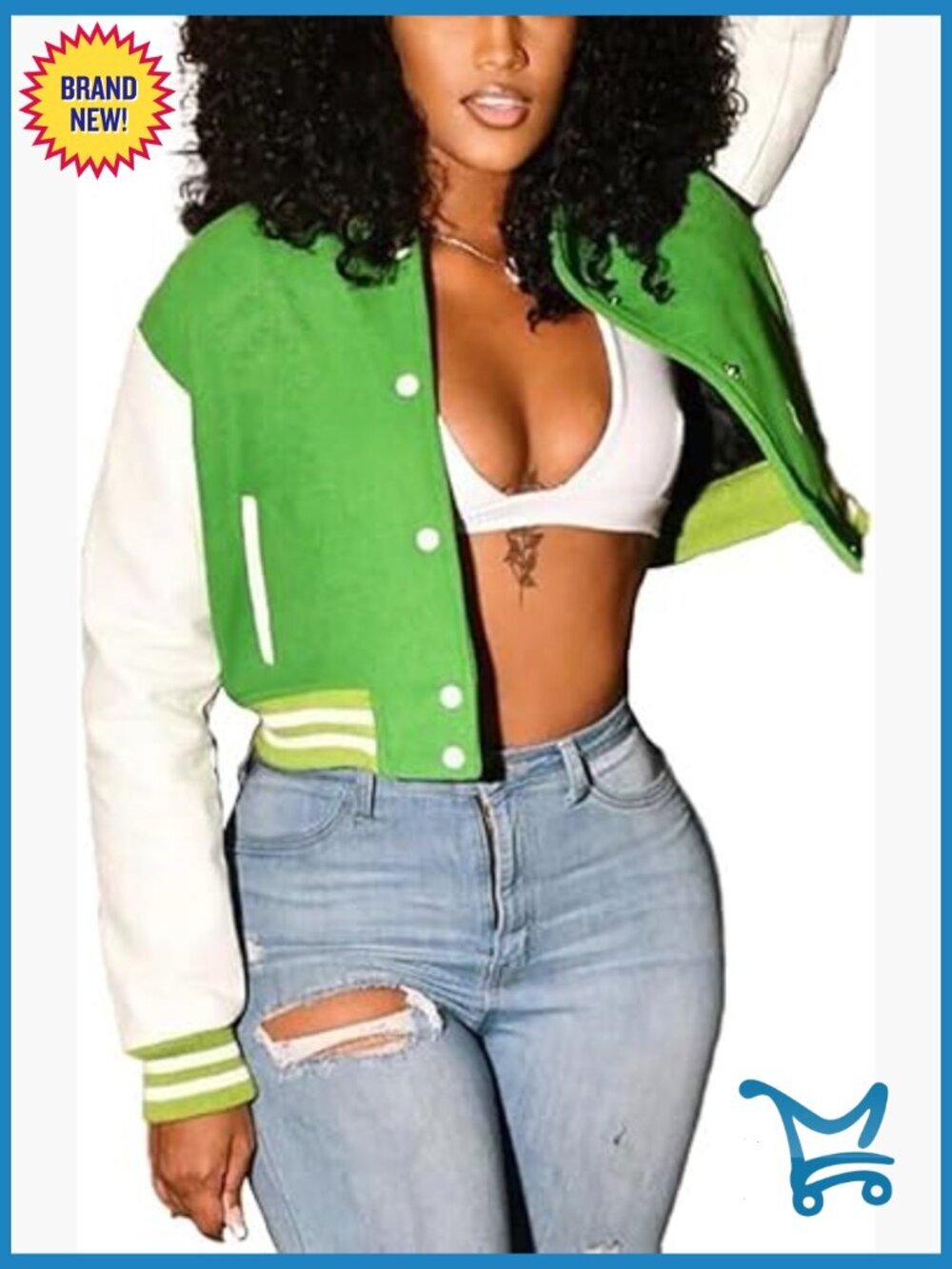 Women Distressed Denim Jacket Puff Sleeve Cropped Button Down